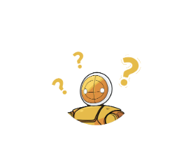 A gold robot wearing a round helmet, sitting among cushions and surrounded by question marks